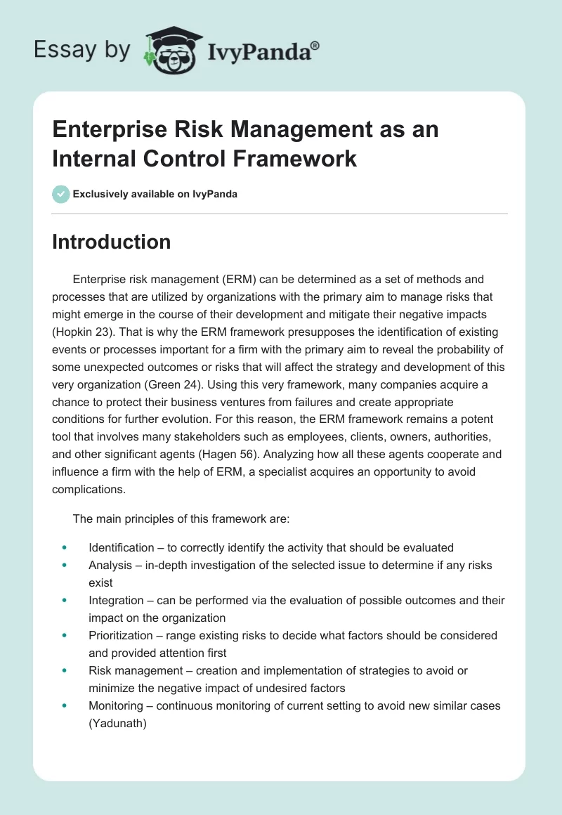 Enterprise Risk Management as an Internal Control Framework. Page 1