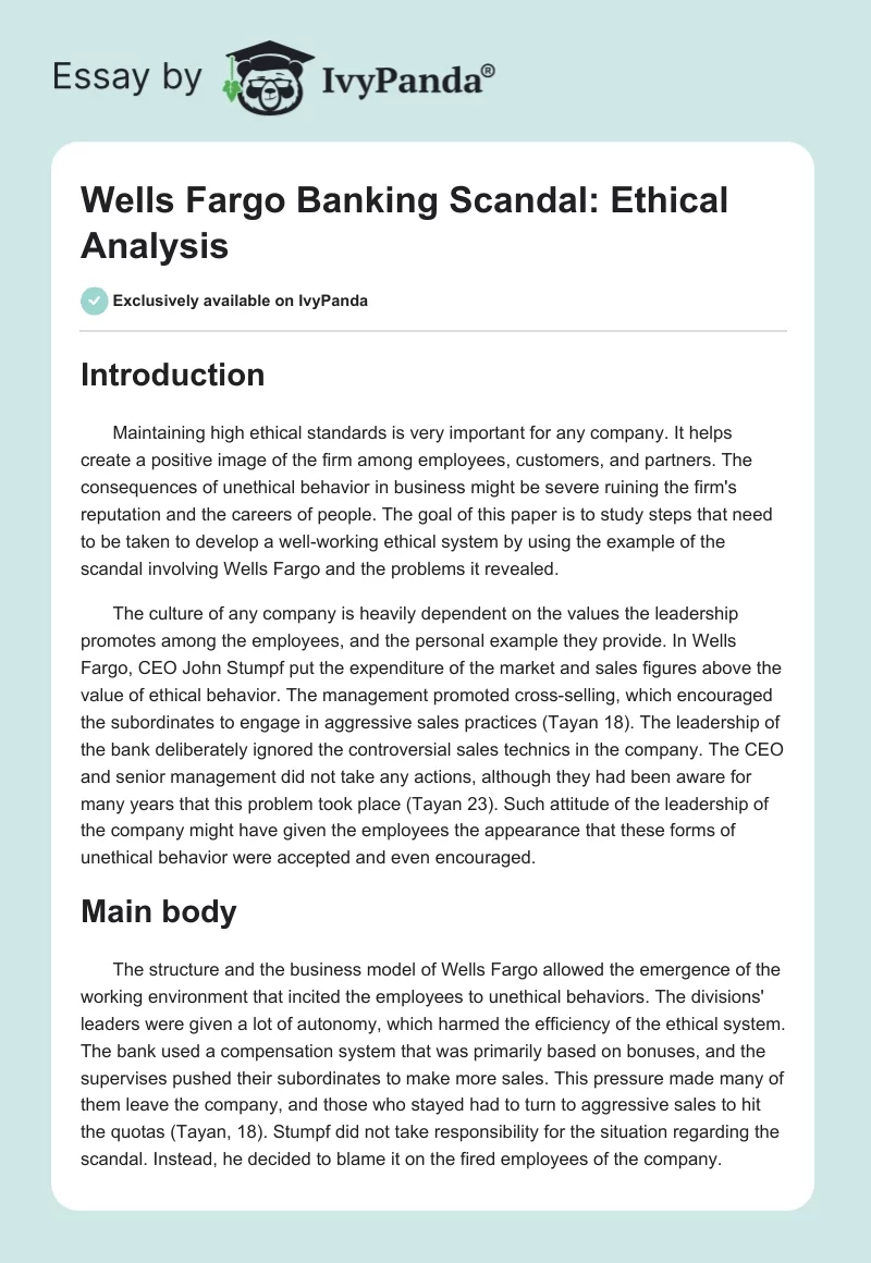 Wells Fargo Banking Scandal: Ethical Analysis. Page 1