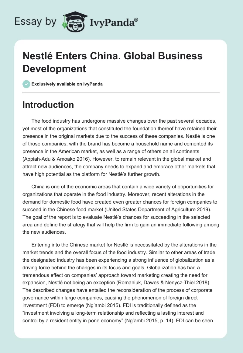 Nestlé Enters China. Global Business Development. Page 1
