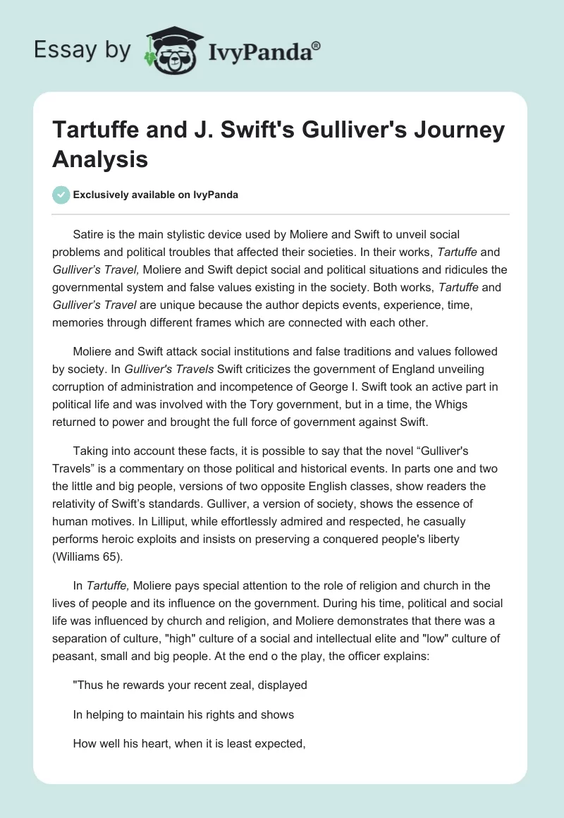 "Tartuffe" and J. Swift's "Gulliver's Journey" Analysis. Page 1