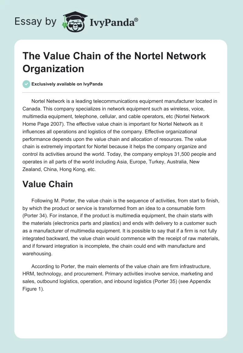 The Value Chain of the Nortel Network Organization. Page 1