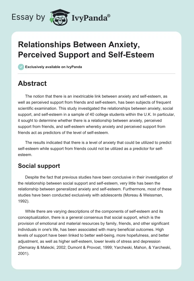 Relationships Between Anxiety, Perceived Support and Self-Esteem. Page 1