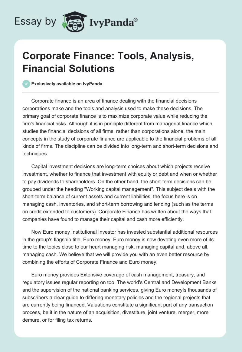 Corporate Finance: Tools, Analysis, Financial Solutions. Page 1