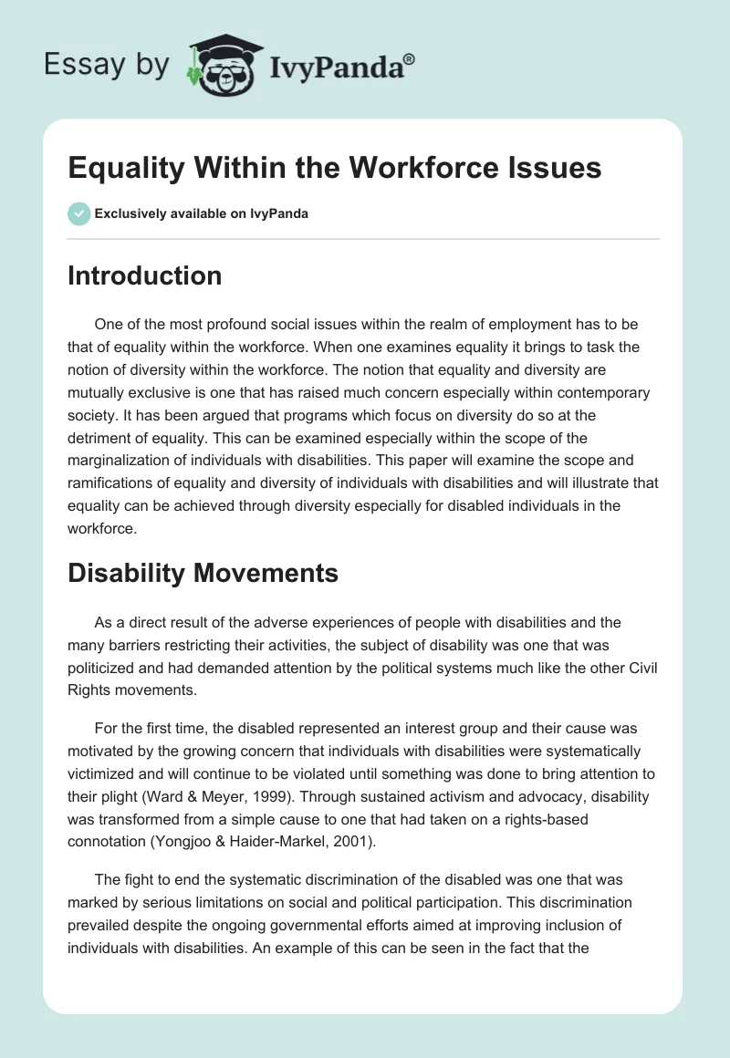 Equality Within the Workforce Issues. Page 1