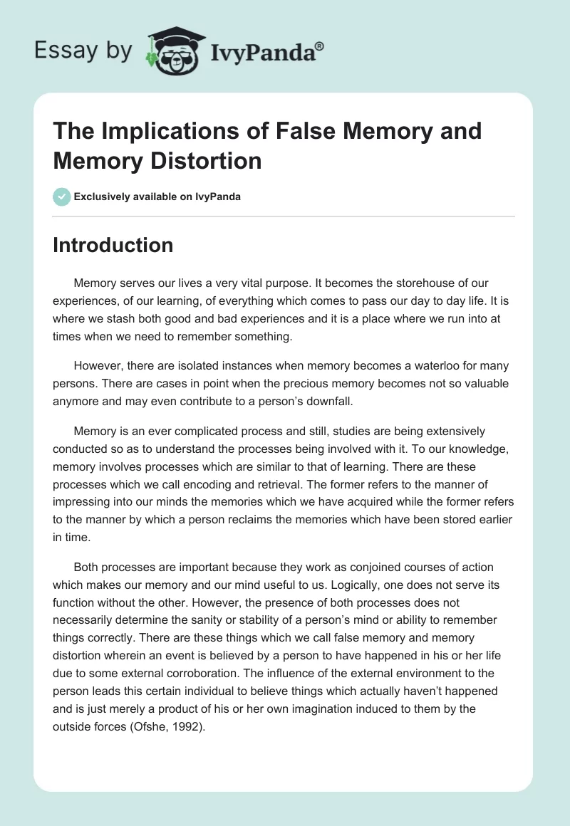 The Implications of False Memory and Memory Distortion. Page 1