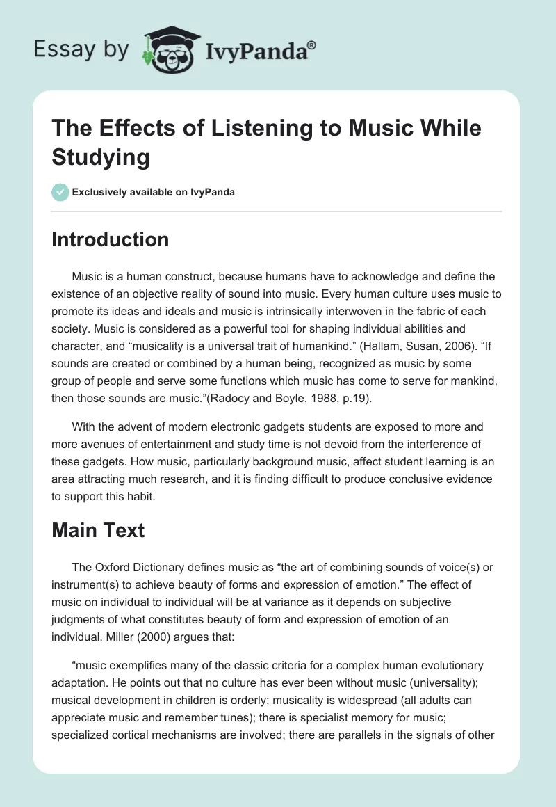 The Effects of Listening to Music While Studying. Page 1