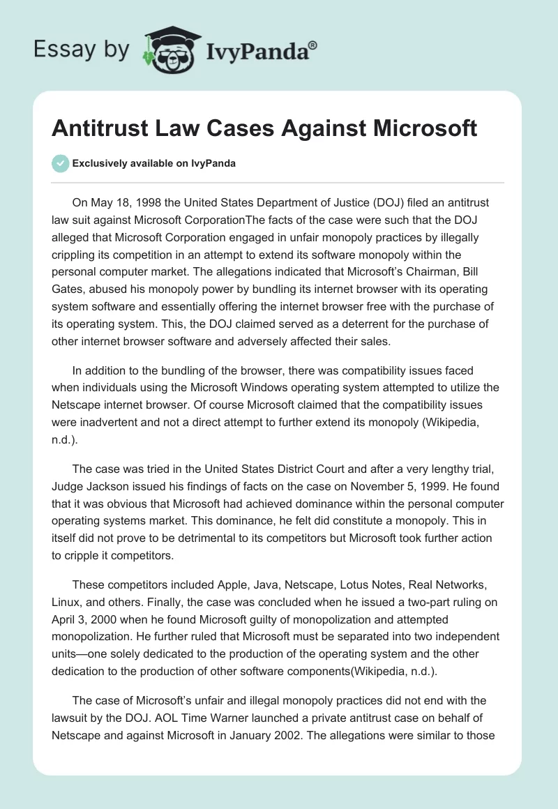 Antitrust Law Cases Against Microsoft. Page 1