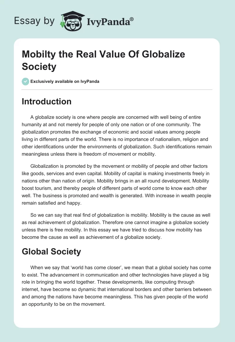 Mobilty the Real Value Of Globalize Society. Page 1