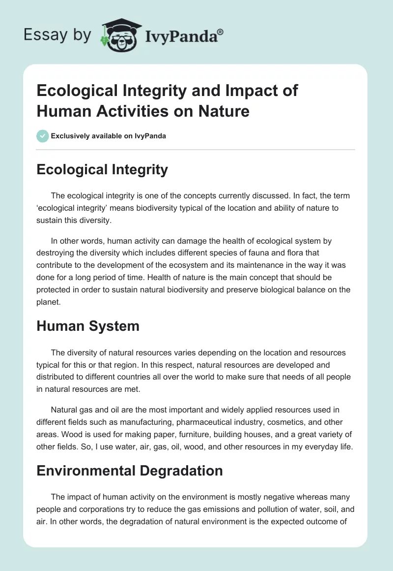 Ecological Integrity and Impact of Human Activities on Nature. Page 1