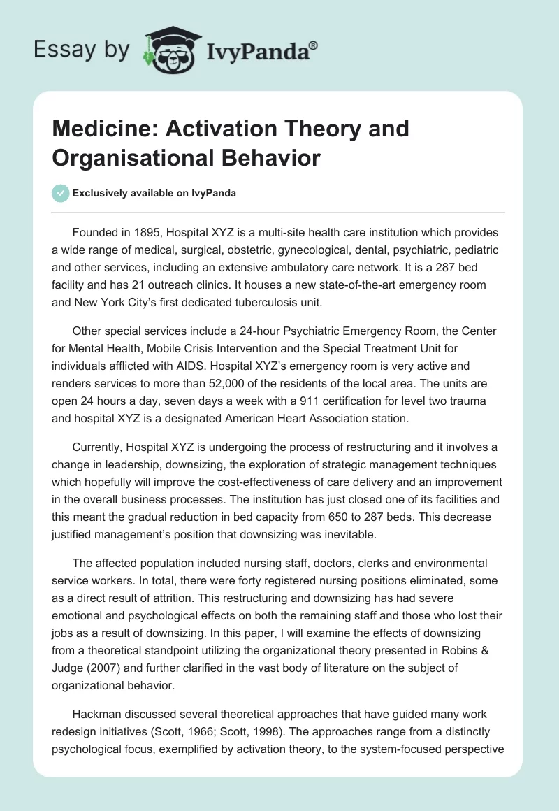 Medicine: Activation Theory and Organisational Behavior. Page 1