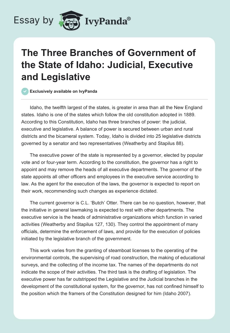 The Three Branches of Government of the State of Idaho: Judicial, Executive and Legislative. Page 1