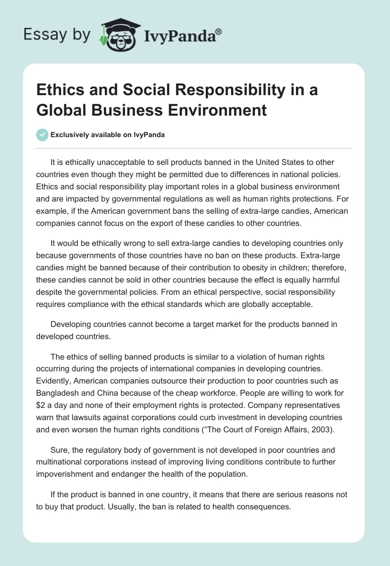 Ethics and Social Responsibility in a Global Business Environment. Page 1