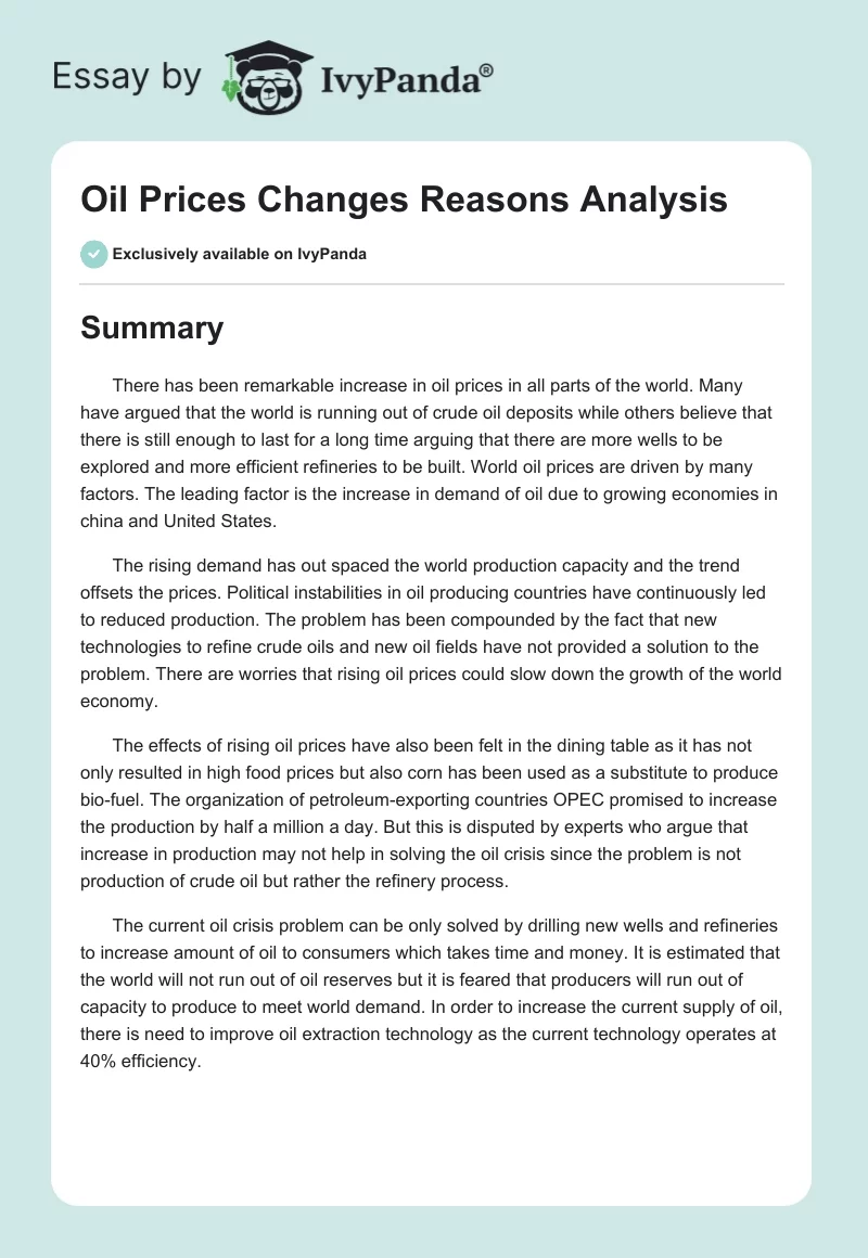 Oil Prices Changes Reasons Analysis. Page 1
