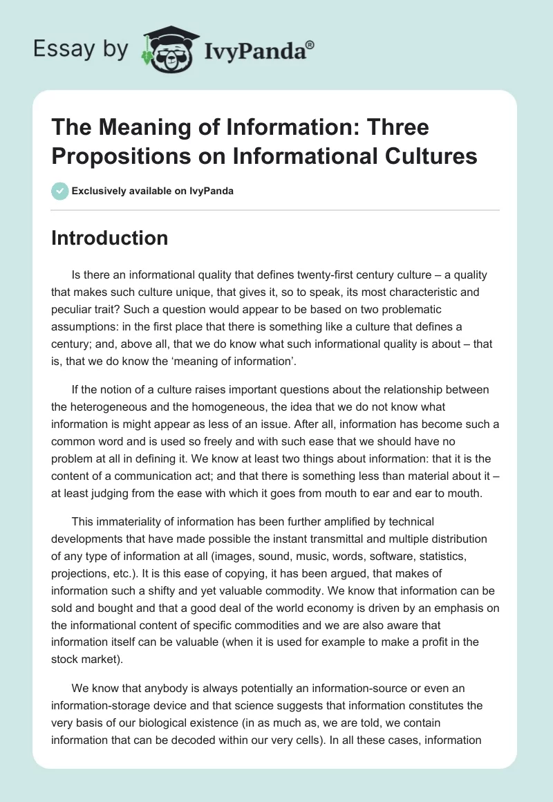 The Meaning of Information: Three Propositions on Informational Cultures. Page 1