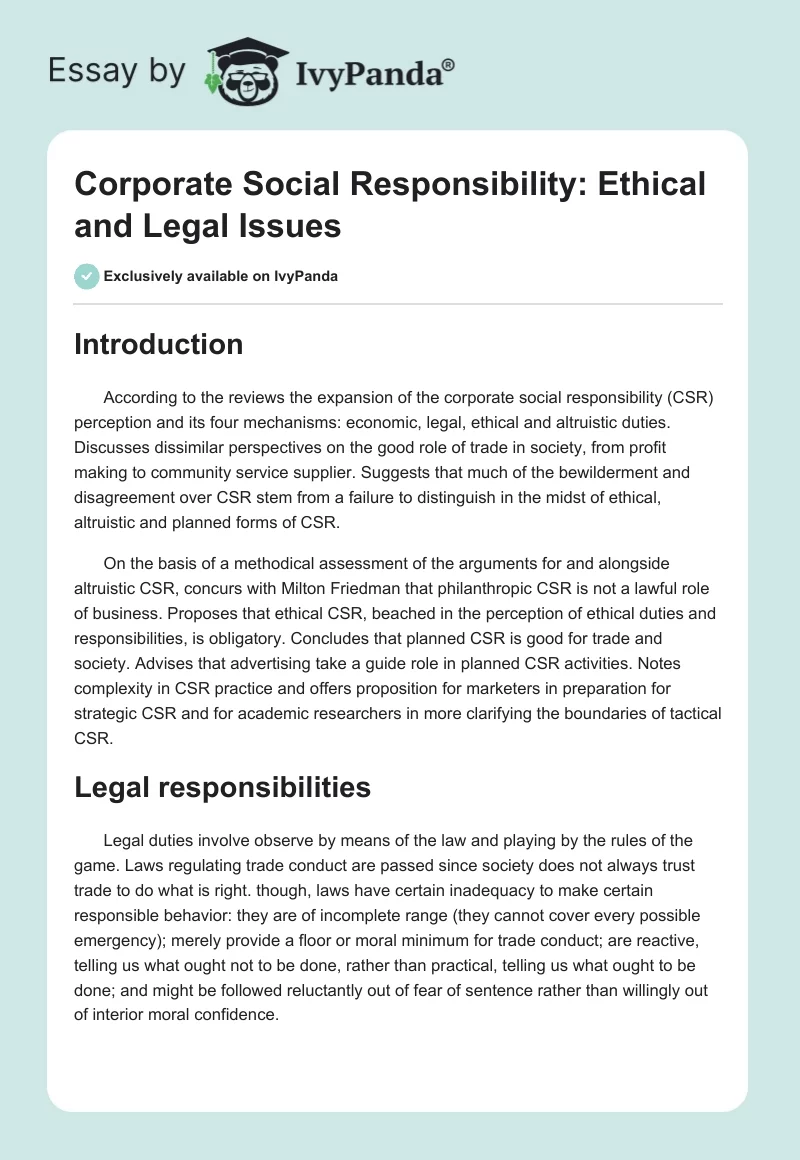 Corporate Social Responsibility: Ethical and Legal Issues. Page 1