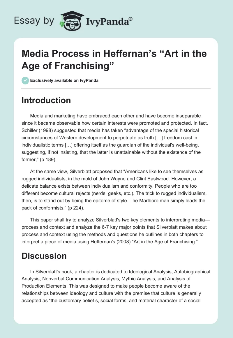 Media Process in Heffernan’s “Art in the Age of Franchising”. Page 1