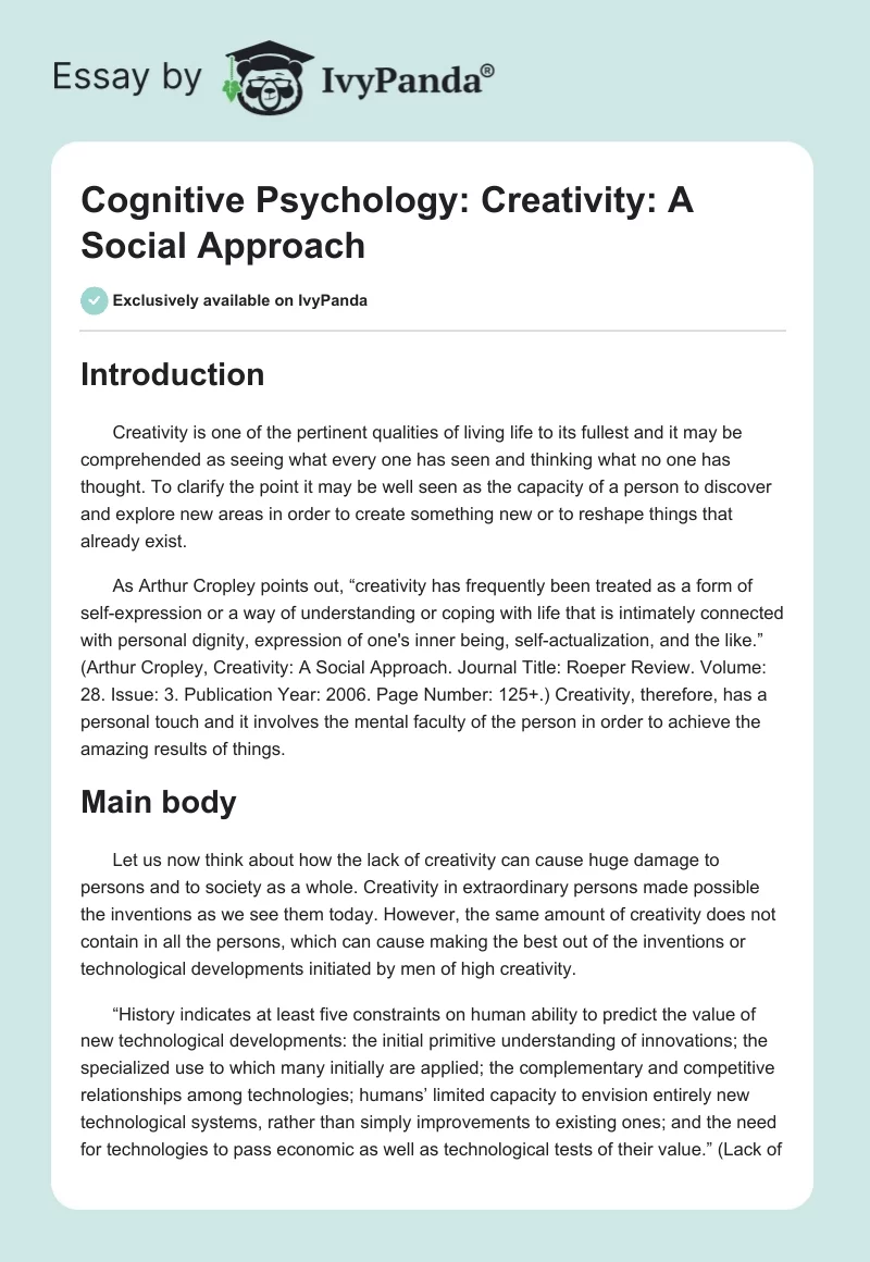 Cognitive Psychology: Creativity: A Social Approach. Page 1