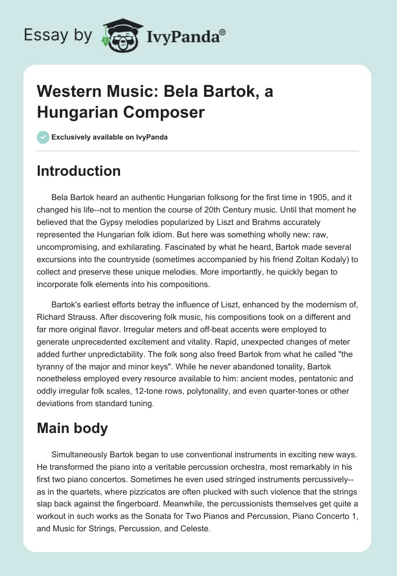 Western Music: Bela Bartok, a Hungarian Composer. Page 1