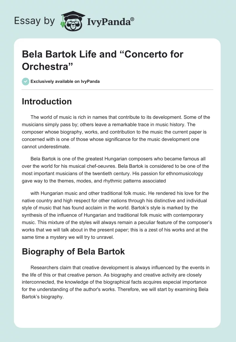 Bela Bartok Life and “Concerto for Orchestra”. Page 1