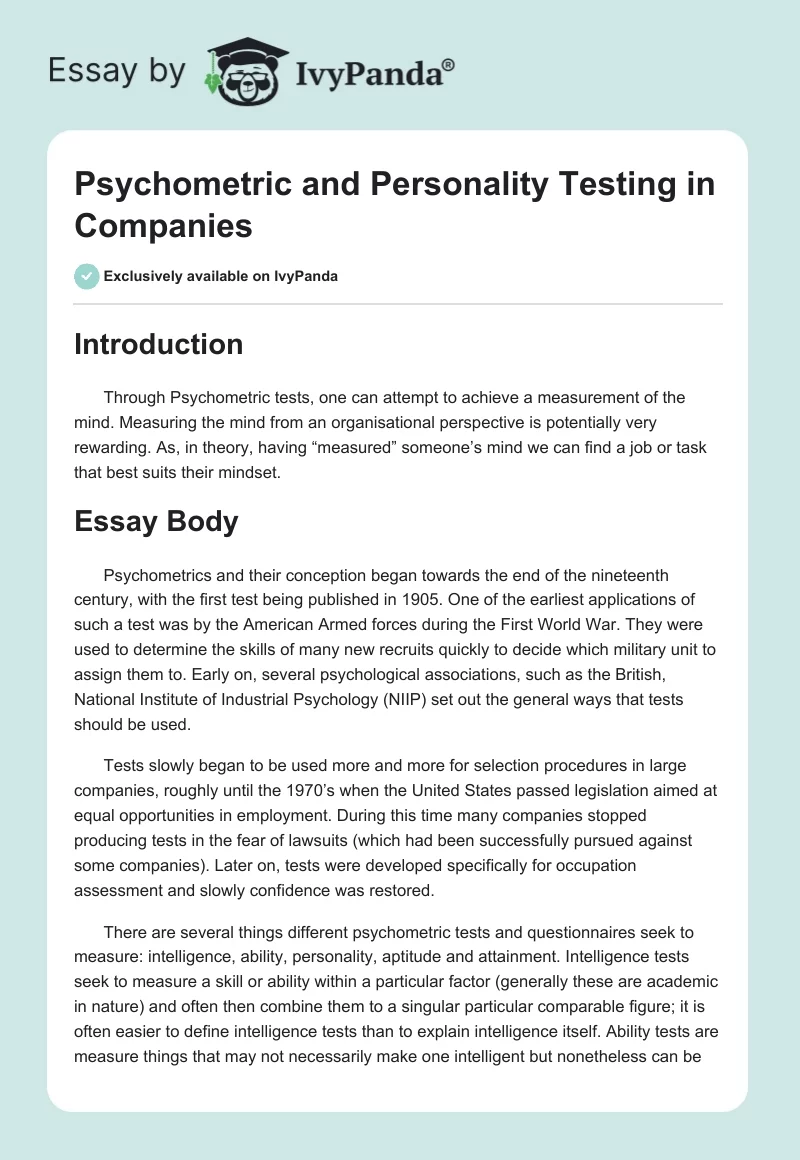 Psychometric and Personality Testing in Companies. Page 1
