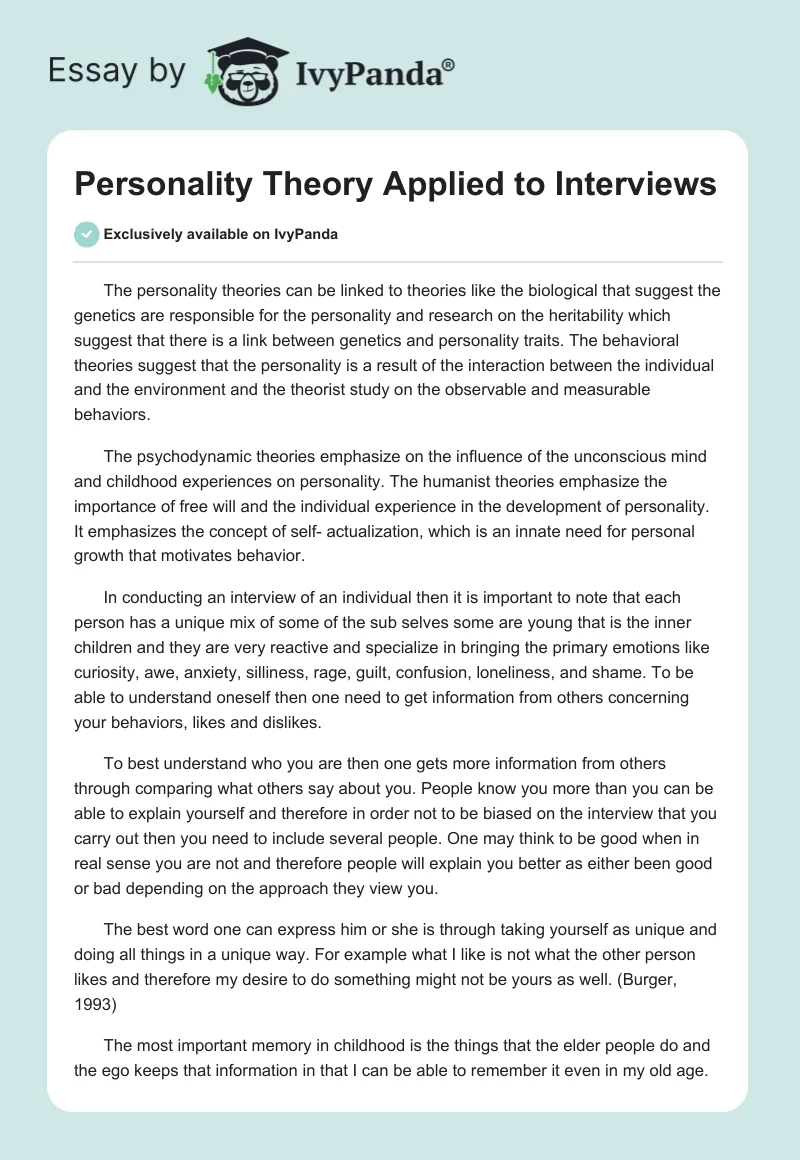 Personality Theory Applied to Interviews. Page 1