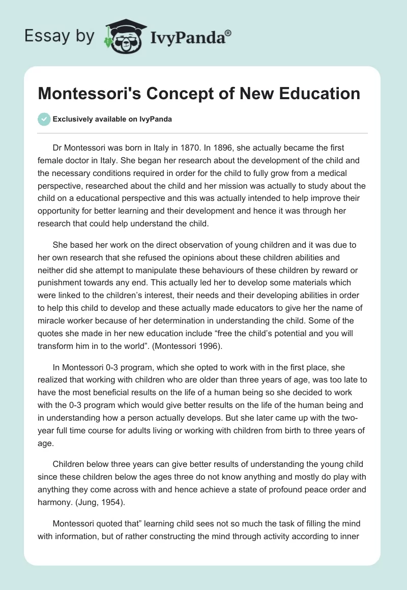 Montessori's Concept of New Education. Page 1