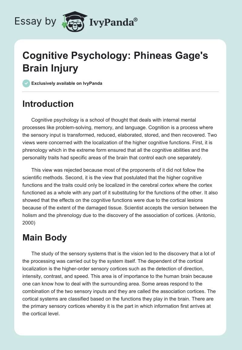 Cognitive Psychology: Phineas Gage's Brain Injury. Page 1