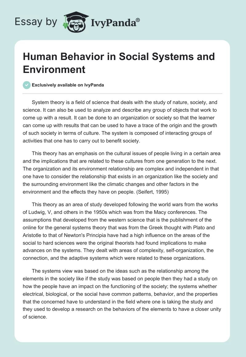 Human Behavior in Social Systems and Environment. Page 1