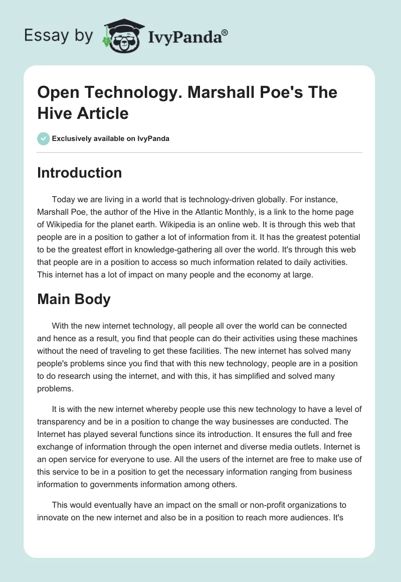 Open Technology. Marshall Poe's The Hive Article. Page 1
