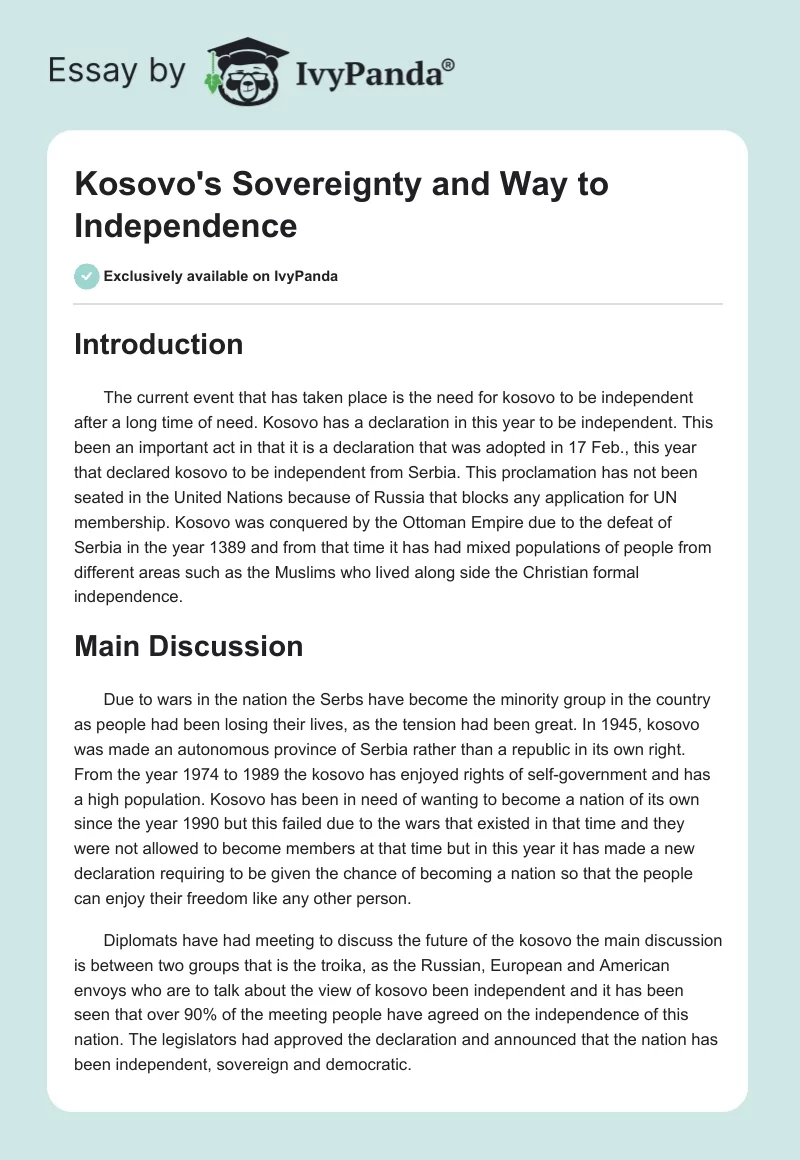 Kosovo's Sovereignty and Way to Independence. Page 1