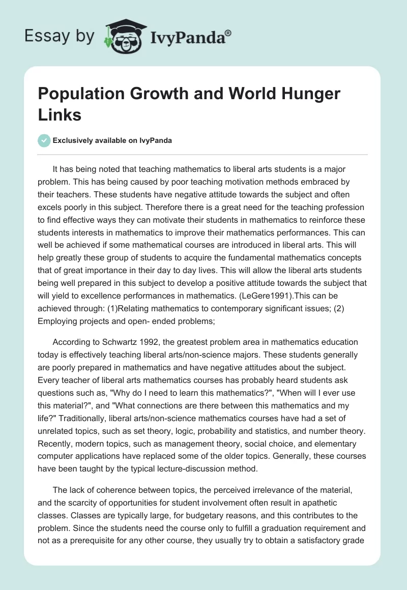 Population Growth and World Hunger Links. Page 1