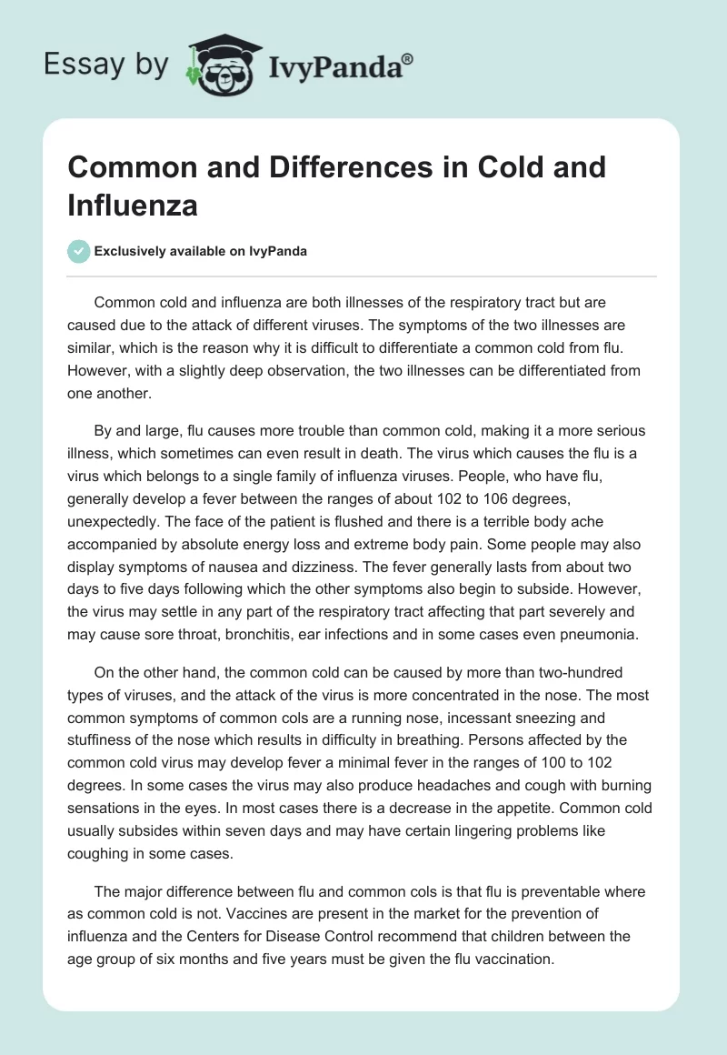 Common and Differences in Cold and Influenza. Page 1