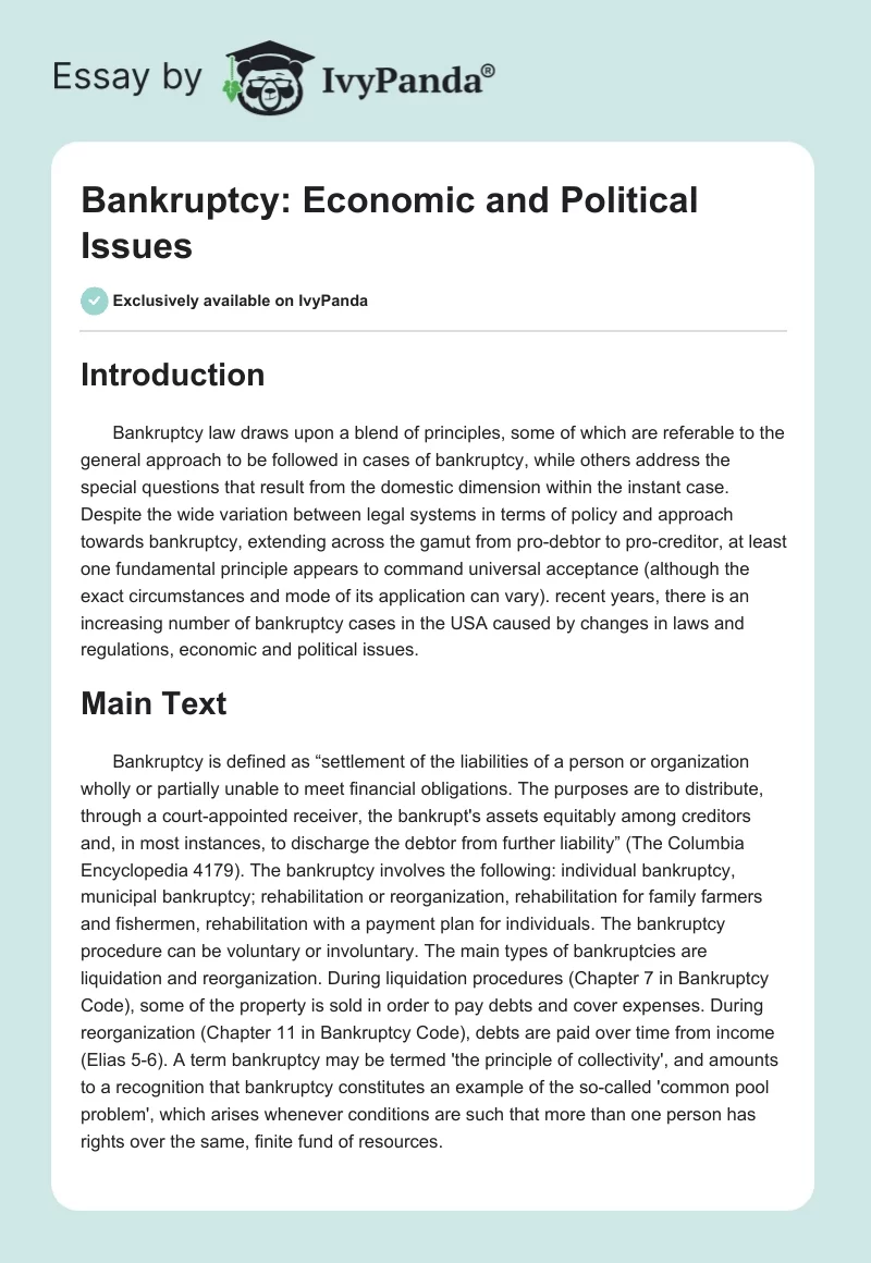 Bankruptcy: Economic and Political Issues. Page 1