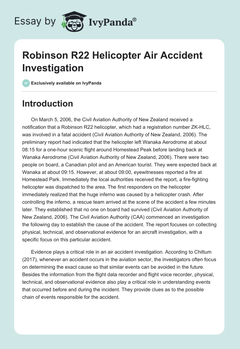 Robinson R22 Helicopter Air Accident Investigation. Page 1