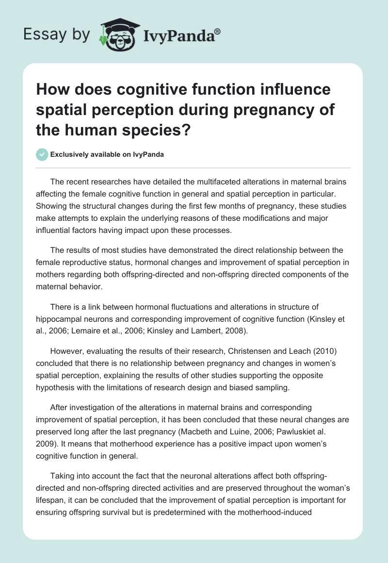 How Does Cognitive Function Influence Spatial Perception During Pregnancy of the Human Species?. Page 1