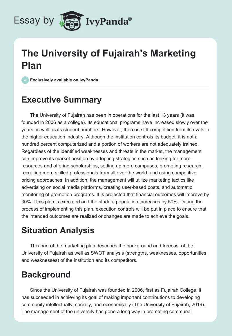 The University of Fujairah's Marketing Plan. Page 1
