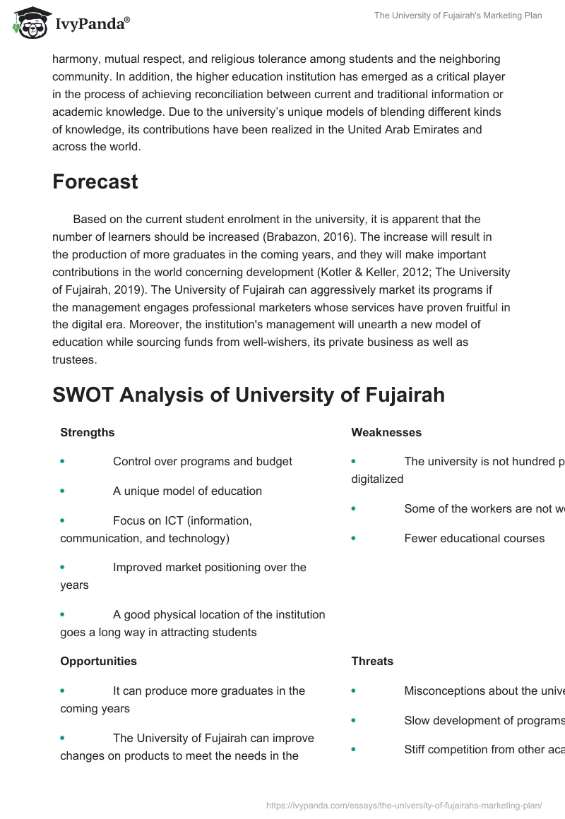 The University of Fujairah's Marketing Plan. Page 2