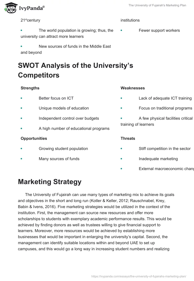 The University of Fujairah's Marketing Plan. Page 3