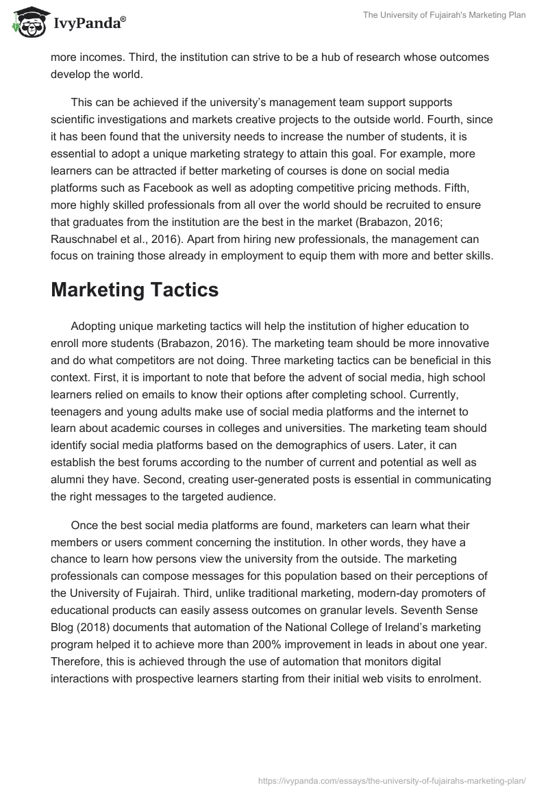 The University of Fujairah's Marketing Plan. Page 4