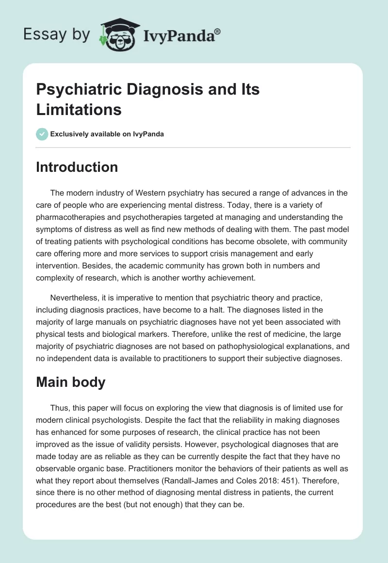Psychiatric Diagnosis and Its Limitations. Page 1