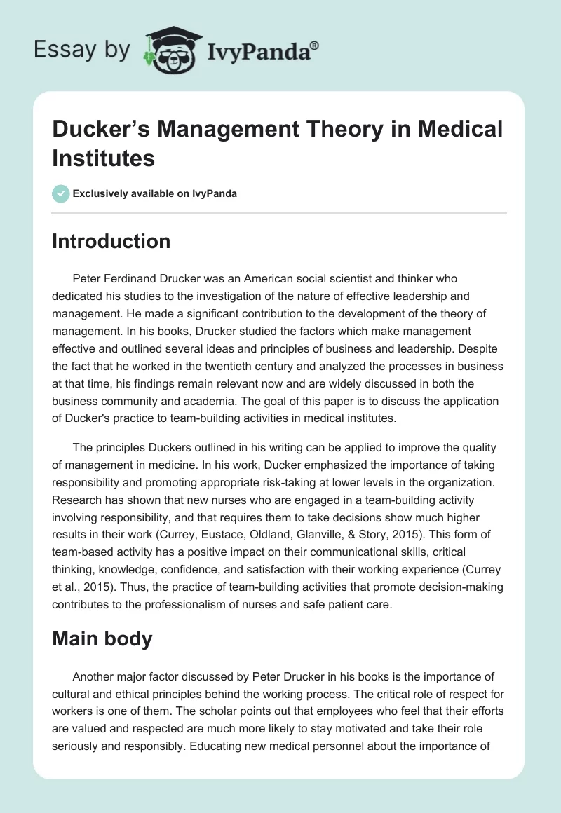 Ducker’s Management Theory in Medical Institutes. Page 1