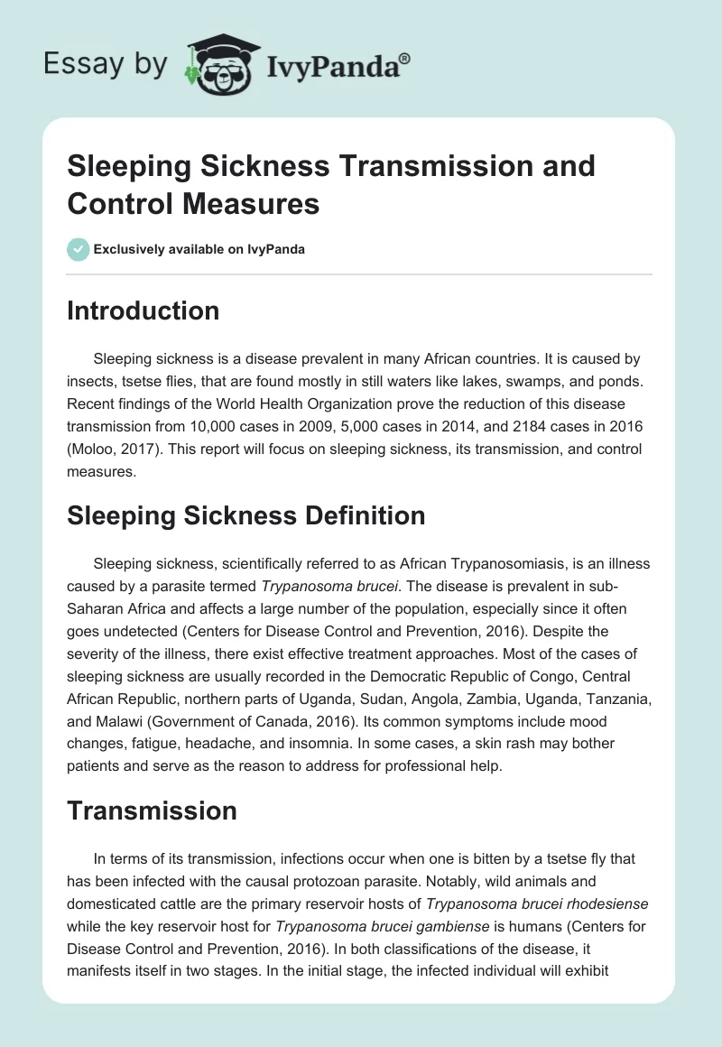 Sleeping Sickness Transmission and Control Measures. Page 1