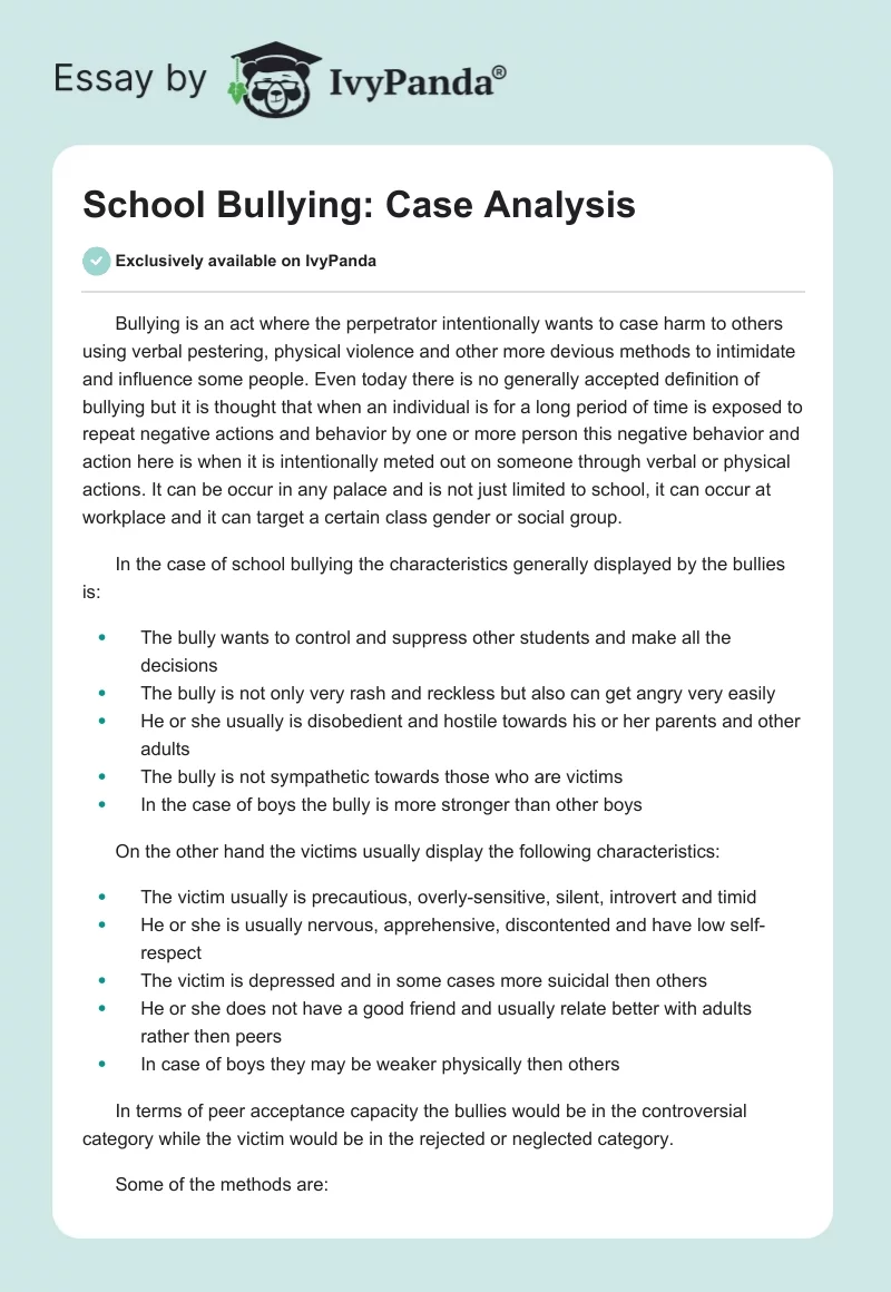 School Bullying: Case Analysis. Page 1