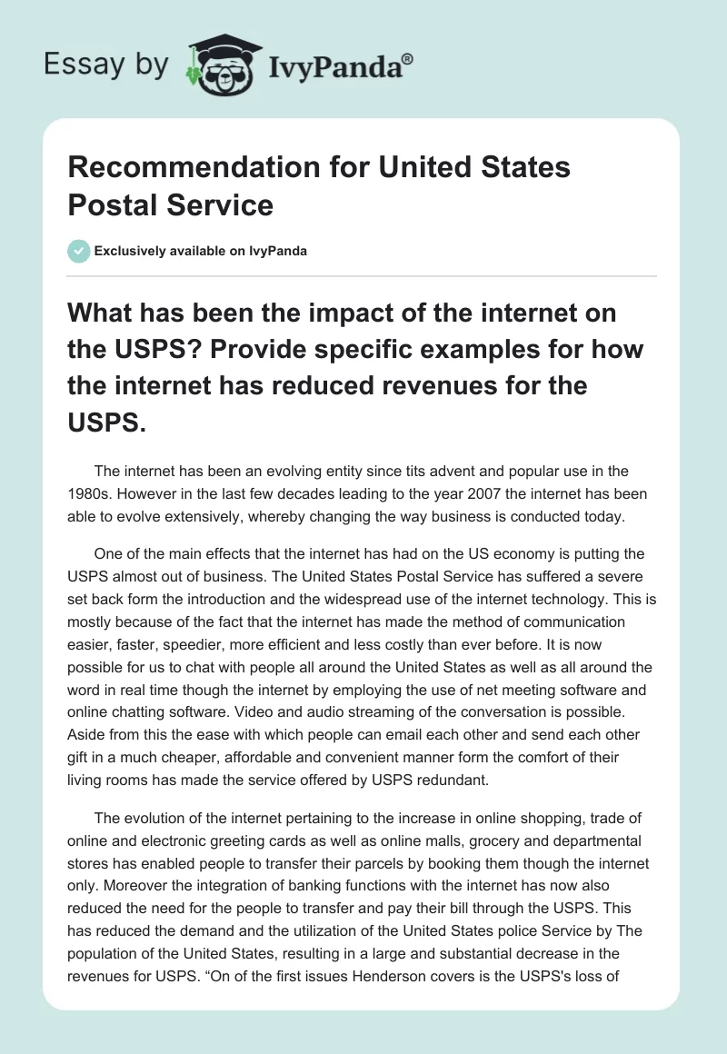 Recommendation for United States Postal Service. Page 1