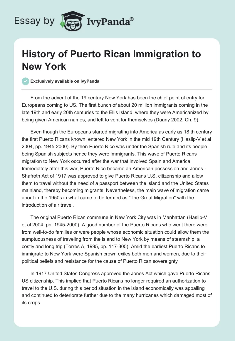 History of Puerto Rican Immigration to New York. Page 1