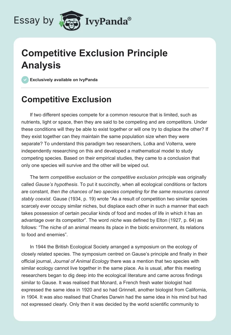 Competitive Exclusion Principle Analysis. Page 1