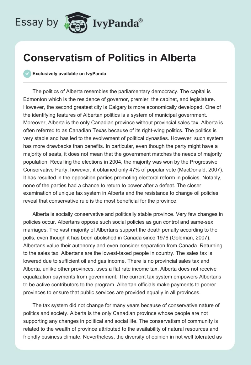Conservatism of Politics in Alberta. Page 1