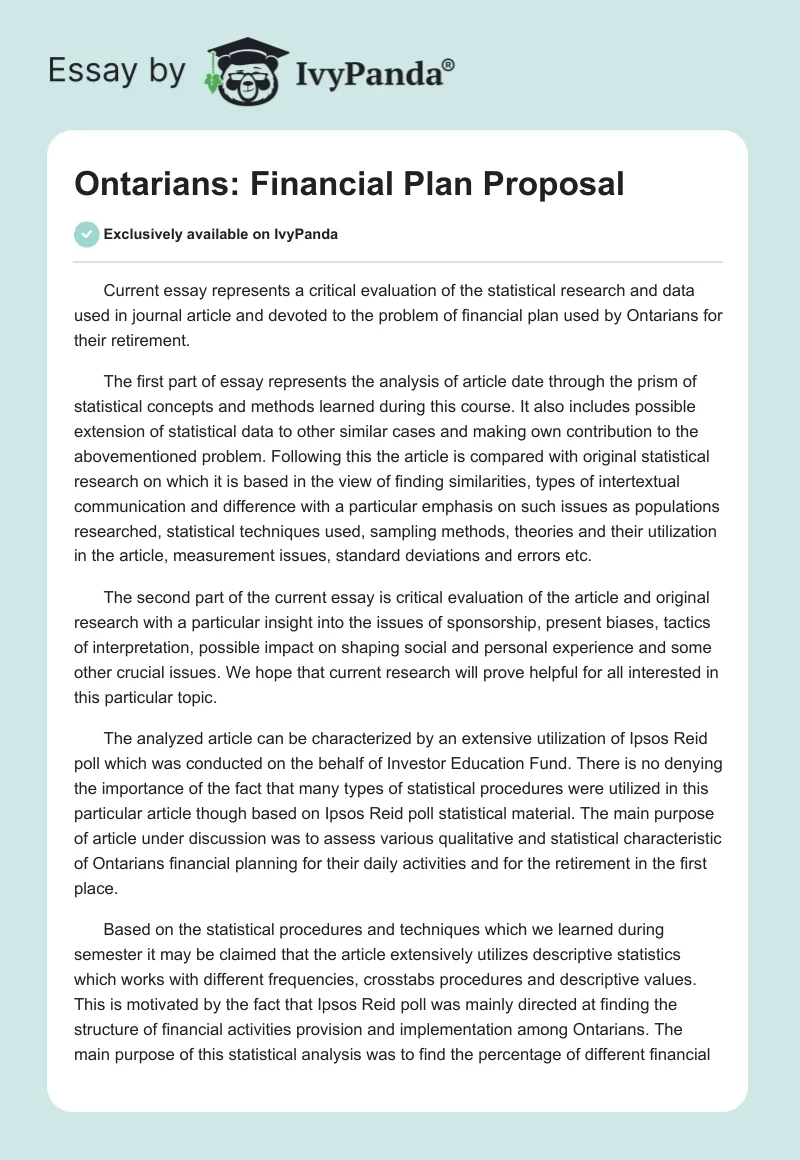 Ontarians: Financial Plan Proposal. Page 1