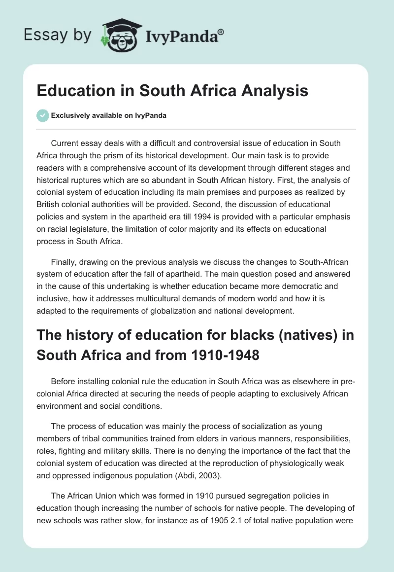 Education in South Africa Analysis. Page 1