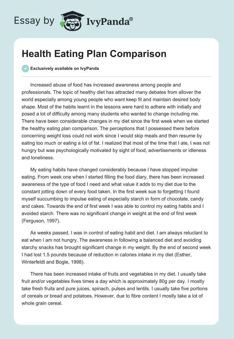 Health Eating Plan Comparison. Page 1